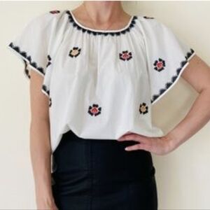 Madewell Embroidered White Top with Black and Red Accents